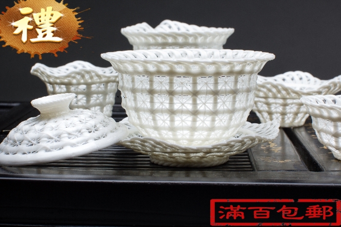 景德镇陶瓷骨瓷 纯手工编织水晶玲珑茶具套装 送高档礼盒功夫茶具