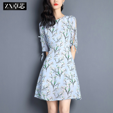 卓芯2017夏装新款重磅真丝印花连衣裙女夏气质修身中裙A字裙4799商品大图