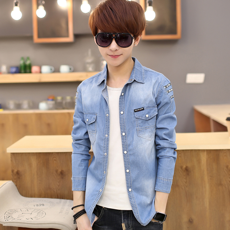 秋季青少年初中学生大童牛仔衬衣男孩12-13-14-15岁修身长袖衬衫