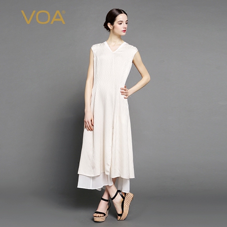 VOA奶油色无袖V领撞料镶边分叉竖袋假两件层次真丝连衣裙A6975商品大图