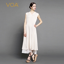 VOA奶油色无袖V领撞料镶边分叉竖袋假两件层次真丝连衣裙A6975图片