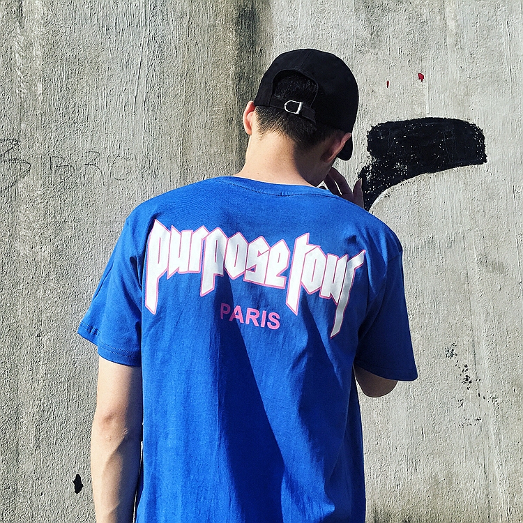 purpose tour欧美潮牌高街蓝色休闲宽松男女潮流复古滑板短袖t恤