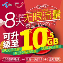 8天无限流量手机上网4G 2G全泰国含普吉岛旅游 泰国Happy电话卡7