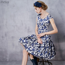 Artka阿卡青瓷花高端夏装真丝印花百褶大摆低领连衣裙女LA11369C图片