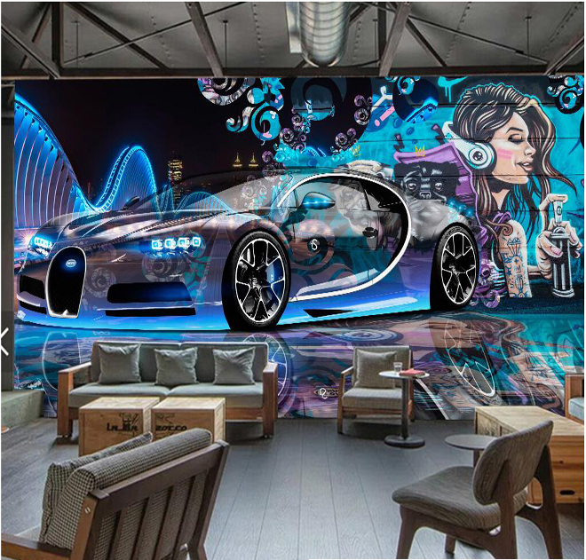 3d汽车街头涂鸦壁纸 网咖ktv酒吧餐厅汽车店沙发电视背景墙墙纸