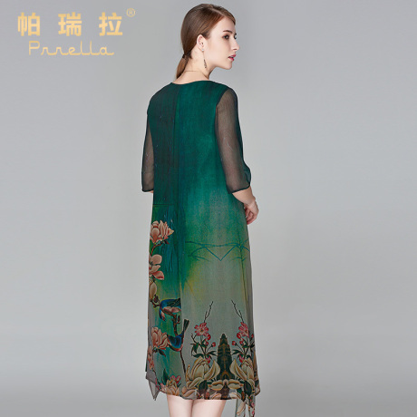 帕瑞拉2017春新款高端妈妈真丝印花连衣裙中长款中老年桑蚕丝长裙商品大图