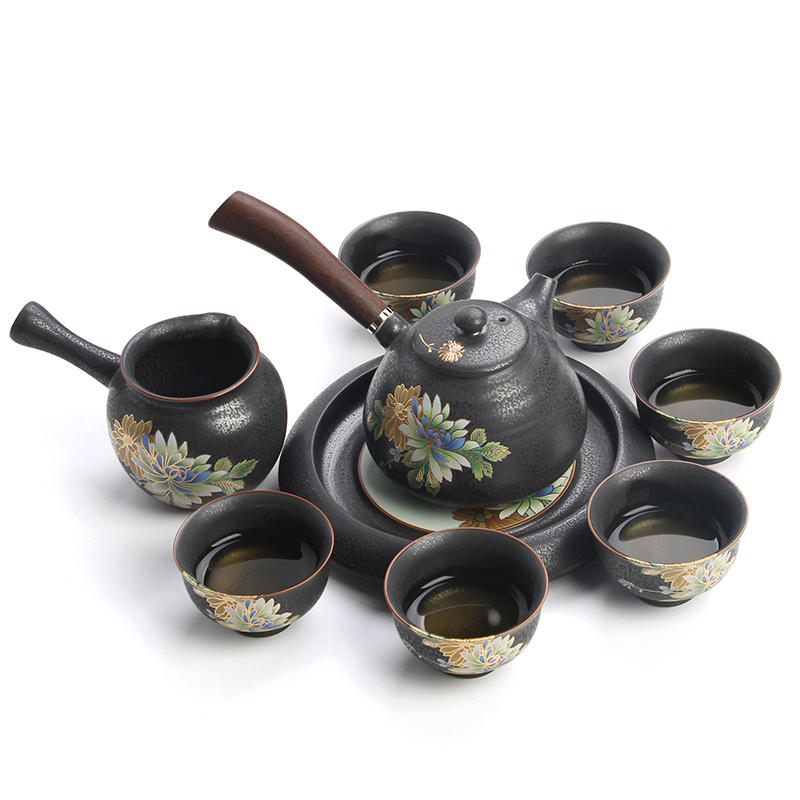 日式高档功夫茶具套装 陶瓷整套茶具窑变天目釉侧把茶壶茶杯礼盒