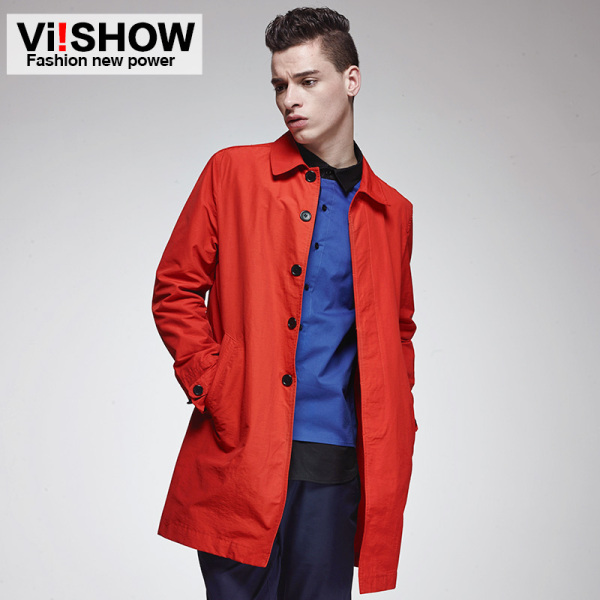 正品<em>男风衣</em> <em>viishow</em>男装 红色修身 中长款 风衣