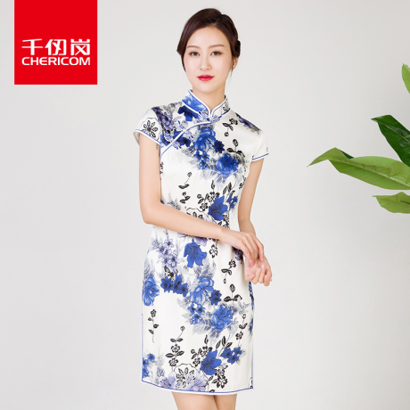 千仞岗2017夏装真丝中长款连衣裙桑蚕丝复古花色旗袍女装S220024L商品大图