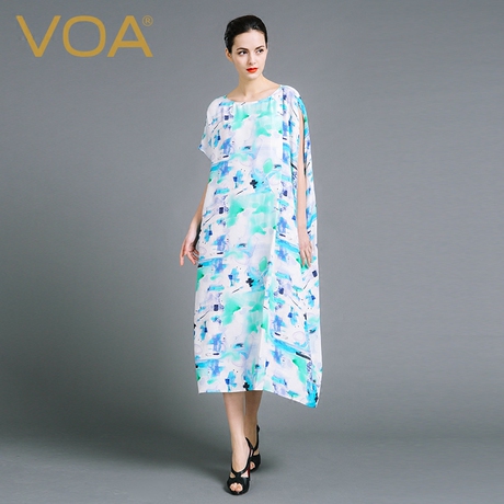 VOA欧美清新印花短袖圆领真丝连衣裙 简约休闲不规则长裙女A6868商品大图