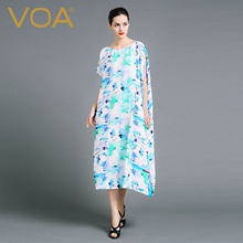 VOA欧美清新印花短袖圆领真丝连衣裙 简约休闲不规则长裙女A6868图片