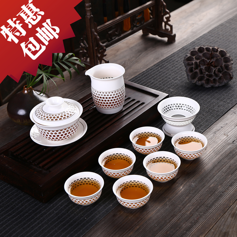 2016新品福建德化高温陶瓷玲珑功夫茶具套装茶备茶杯海送茶巾茶夹