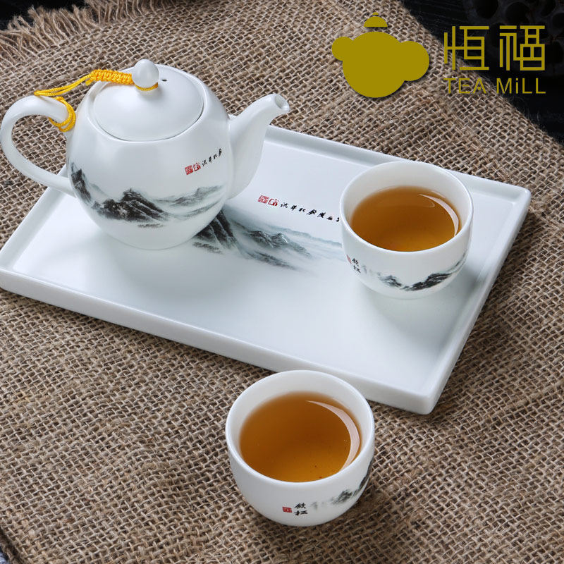 恒福正品功夫茶具 景德镇定窑白瓷茶具整套套装 江雾初开托盘组