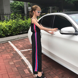 夏装女装韩版条纹吊带连体裤休闲裤宽松显瘦高腰九分裤阔腿裤学生