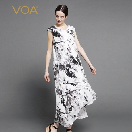 VOA中国风水墨画真丝顺纡圆领盖袖前短后长波浪形纯情连衣裙A6919商品大图