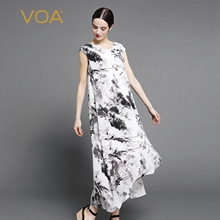 VOA中国风水墨画真丝顺纡圆领盖袖前短后长波浪形纯情连衣裙A6919图片