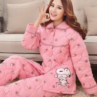 冬季三层加厚睡衣女长袖纯棉夹棉女针织棉袄加大码家居服套装秋季