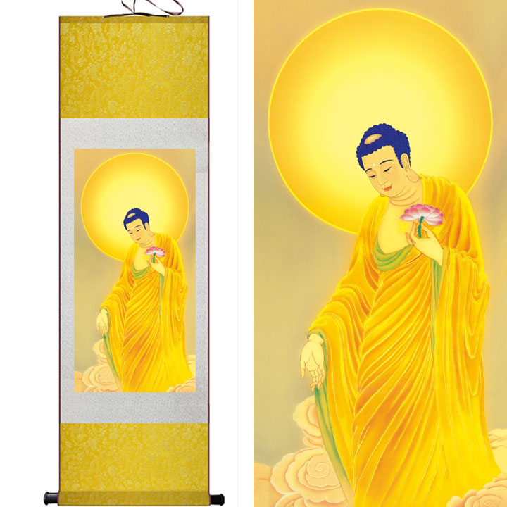 西方三圣佛像丝绸画卷轴画如来佛客厅装饰挂画佛教结缘画寺庙装饰