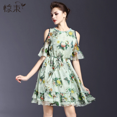 惊束欧洲站夏装V领短袖收腰显瘦真丝印花露肩淑女中裙连衣裙夏款商品大图