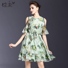 惊束欧洲站夏装V领短袖收腰显瘦真丝印花露肩淑女中裙连衣裙夏款图片