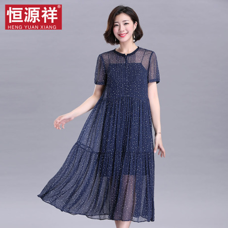 恒源祥桑蚕丝薄纱真丝短袖连衣裙女夏波点中老年长款宽松显瘦裙子商品大图