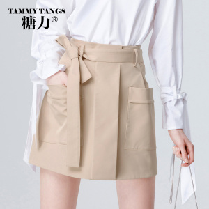 欧美祼色气质蝴蝶结绑带口袋半身裙