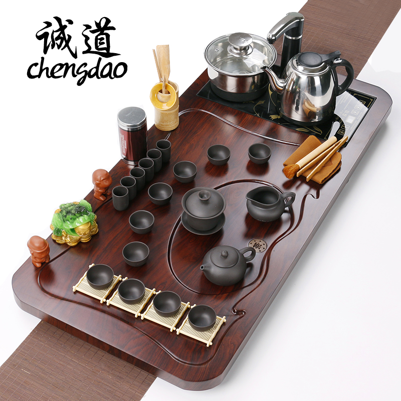 诚道 整套茶具套装特价 紫砂冰裂功夫茶具四合一电热炉实木茶盘