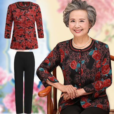 中老年女大码秋装中长款长袖衬衫中年妈妈装连