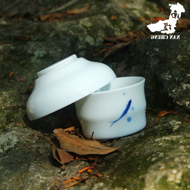 新品南埕品牌 茶漏组 纯手绘三鱼图高白瓷茶漏 陶瓷功夫茶具茶道