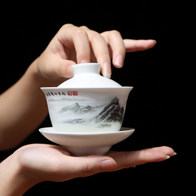热卖恒福正品 景德镇陶瓷功夫茶具整套套装名家珍品 江雾初开盖碗