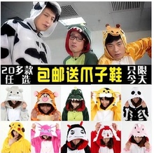 韩版 夏天夏季薄款 男女情侣成人套装 卡通动物连体恐龙奶牛睡衣长袖
