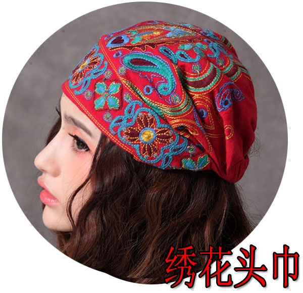 民族风春秋复古休闲刺绣花头巾红色女士针织帽子百搭中国风帽子