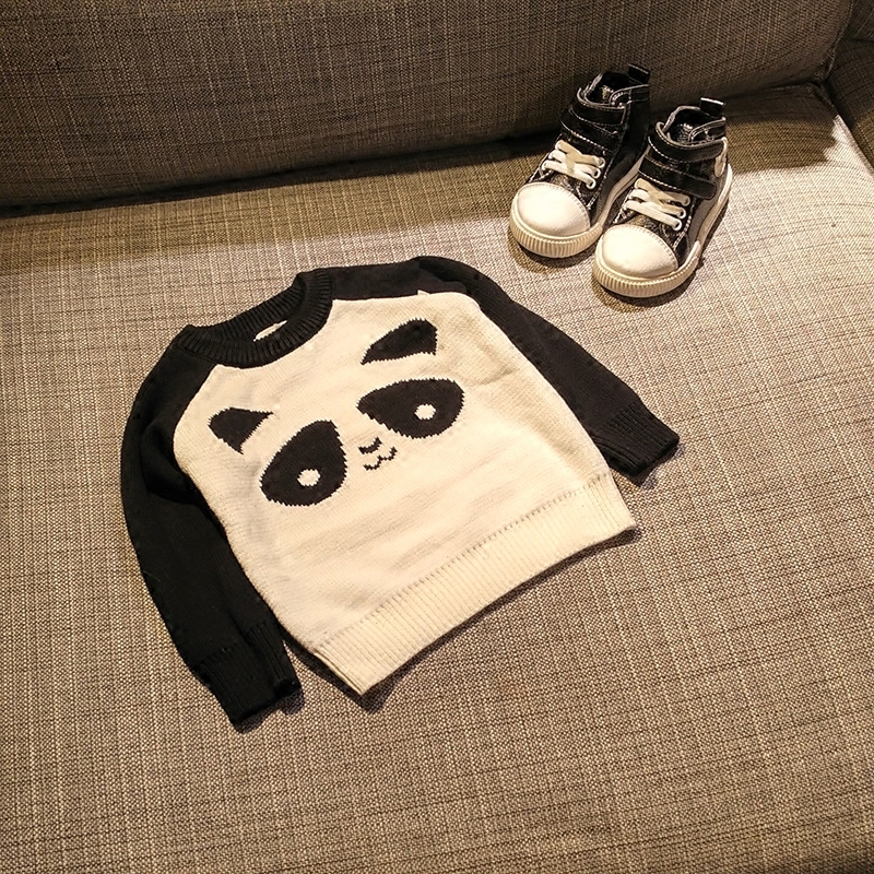 韩国秋装男女宝宝儿童纯棉针织毛线上衣小童双层加厚黑白熊猫毛衣