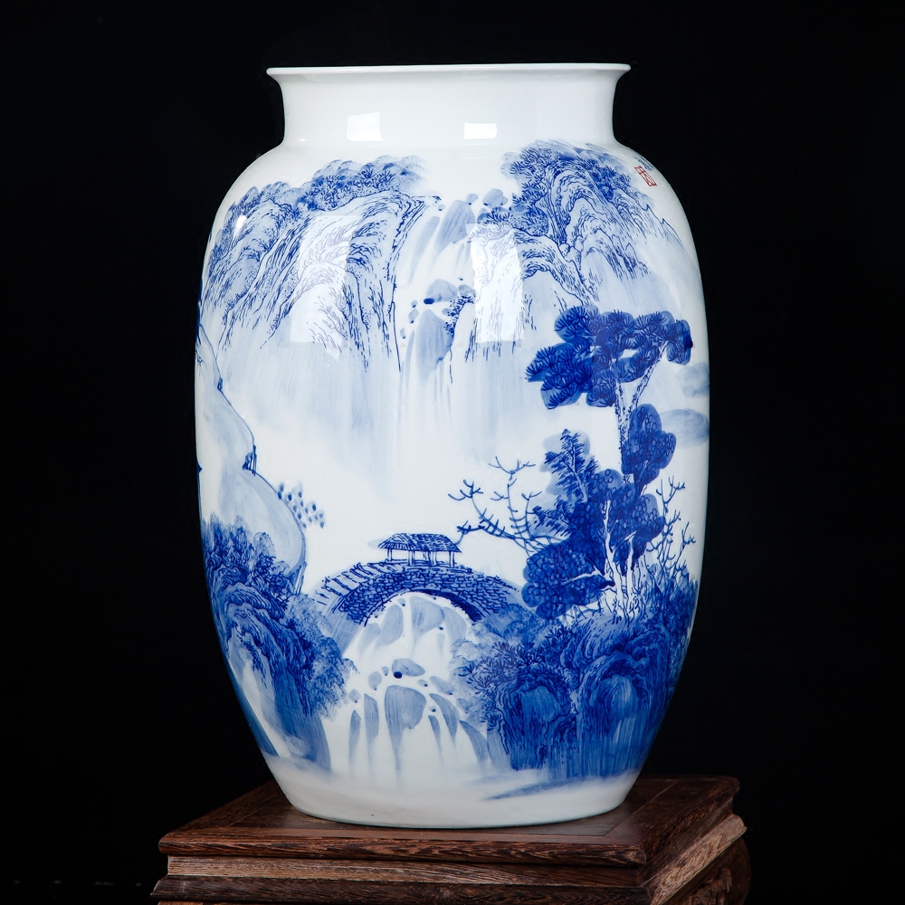 景德镇陶瓷花瓶摆件仿古新中式手绘青花瓷花瓶插花山水画客厅摆设