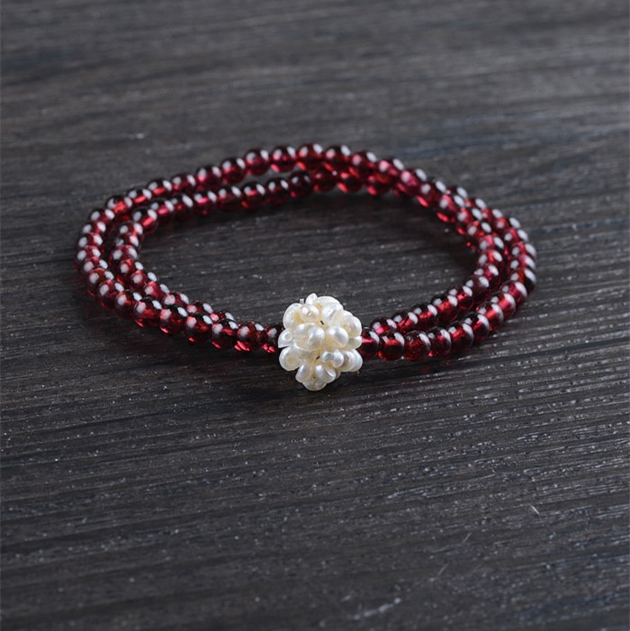 原创设计韩版时尚酒红色石榴石水晶珍珠花球双层多层女款手链手串