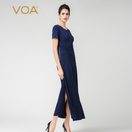 VOA 白色珍珠扣圆领短袖针织真丝简约33姆米藏青开叉连衣裙A7352商品大图