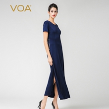 VOA 白色珍珠扣圆领短袖针织真丝简约33姆米藏青开叉连衣裙A7352图片