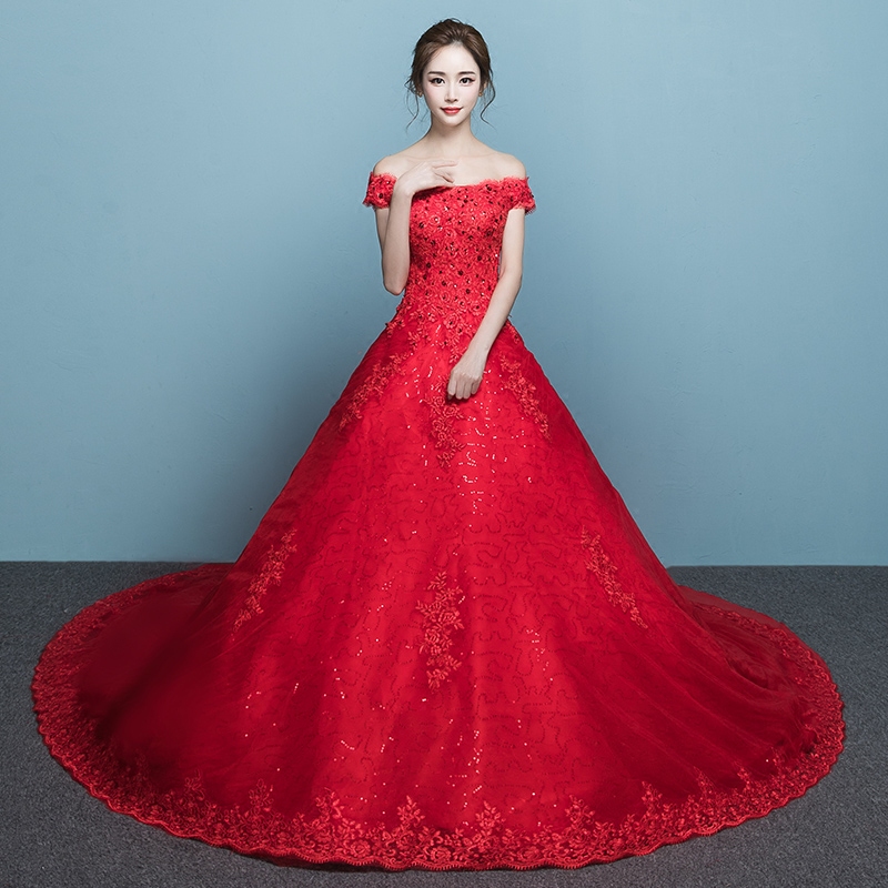 婚纱礼服新娘2017春季新款韩式长拖尾一字肩婚纱大码显瘦红色婚纱