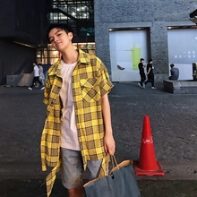 1CHEN /夏装韩国ulzzang宽松BF风复古格子GD短袖衬衫衬衣上衣男女