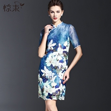 惊束旗袍裙中国风2016夏装新款大码女装潮复古立领直筒印花连衣裙图片