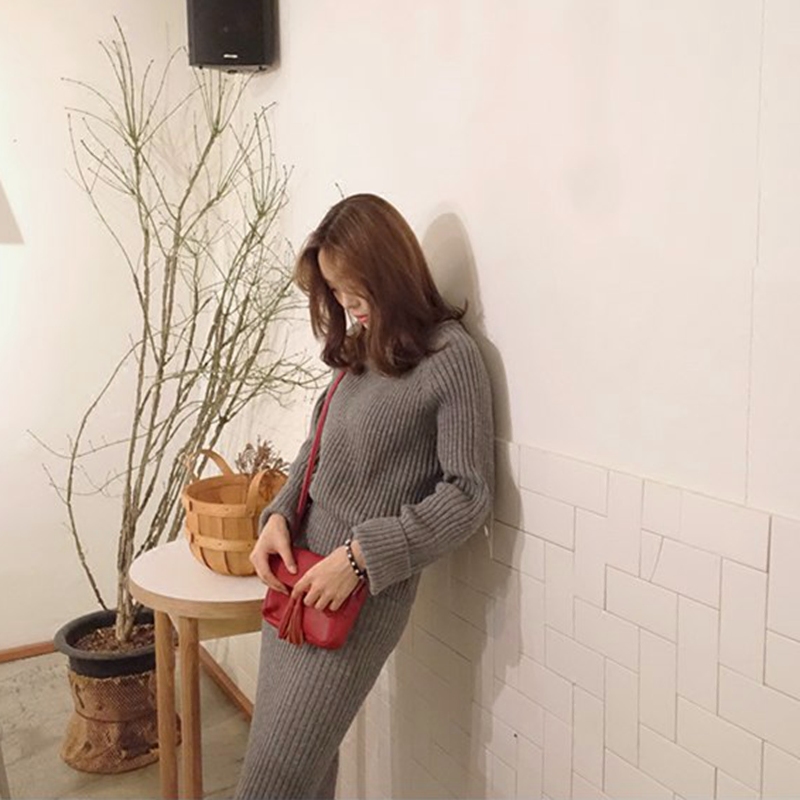 2016韩国代购毛衣秋冬套装半身长裙两件套针