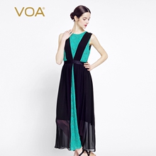 VOA 黑绿真丝撞色撞料蕾丝打条褶皱无袖肩带式假两件中长款连衣裙图片