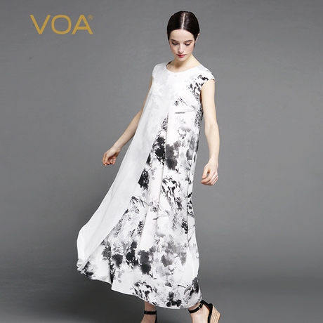 VOA白色真丝乔其斜边对丝配黑色水墨画桑蚕丝顺纡假两件长连衣裙商品大图