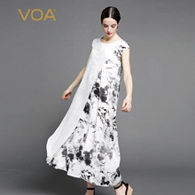 VOA白色真丝乔其斜边对丝配黑色水墨画桑蚕丝顺纡假两件长连衣裙图片