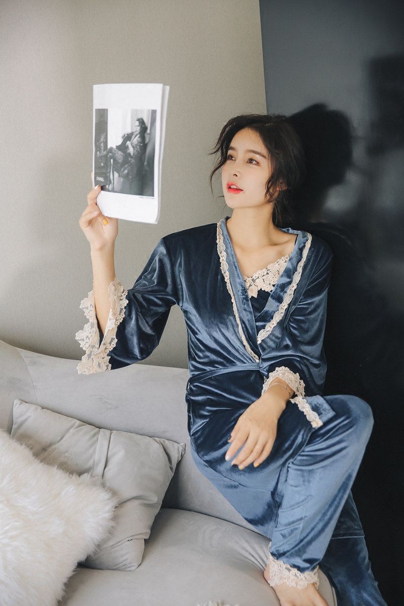 睡衣女秋冬丝绒三件套性感吊带睡衣睡袍天鹅绒金丝边高端睡衣秋季