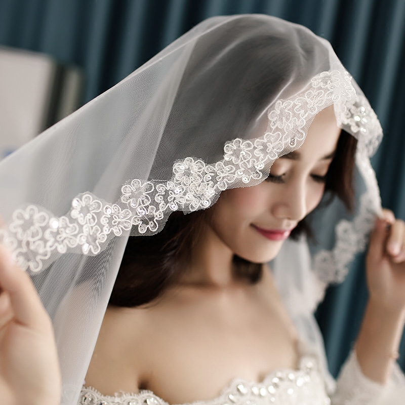 新娘头纱婚纱新款韩式头纱超长2米头纱结婚拖尾蕾丝