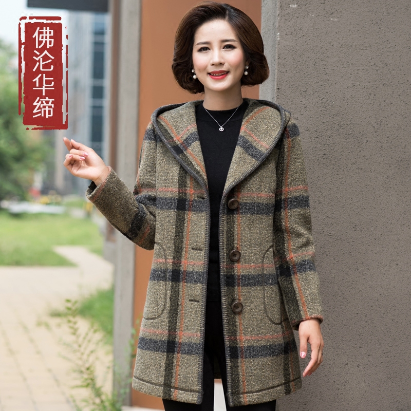妈妈冬装新款毛呢外套40岁50岁60岁中老年人女装连帽秋装呢子大衣