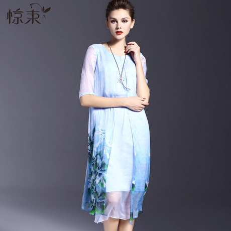 惊束裙子新款夏名媛中袖手绘开叉重磅大码真丝印花连衣裙中长款商品大图