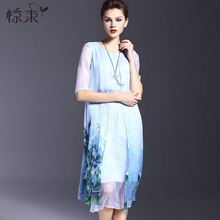 惊束裙子新款夏名媛中袖手绘开叉重磅大码真丝印花连衣裙中长款图片