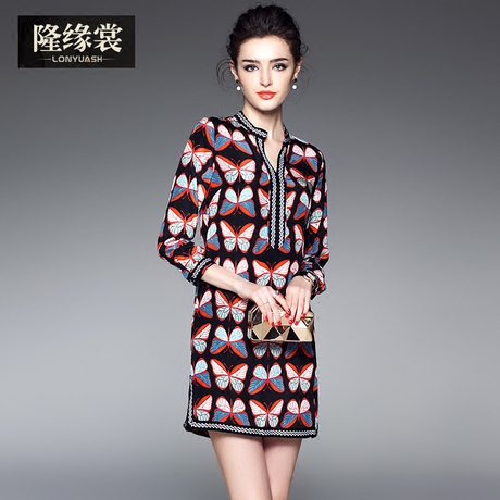 隆缘裳2017春装新款女时尚印花气质优雅七分袖修身真丝连衣裙1988商品大图